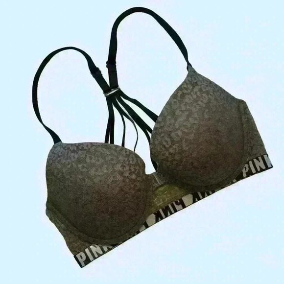 Victorias Secret PINK 34D Push Up Bra Front Closure Gray Lace Spellout - Picture 1 of 7